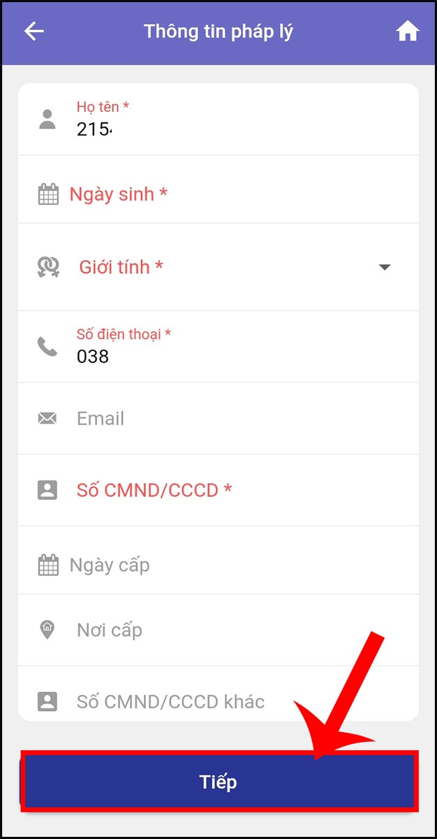 Điền thông tin pháp lý và chọn Tiếp
