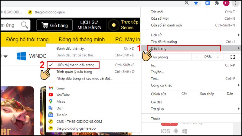 chọn Dấu trang (Bookmarks) sau đó chọn bạn đánh dấu tích chọn trước Hiển thị thanh dấu trang