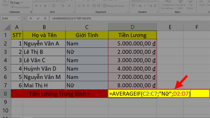 Nhập công thức =AVERAGEIF(C2:C7;"Nữ";D2:D7) ở ô tính trung bình