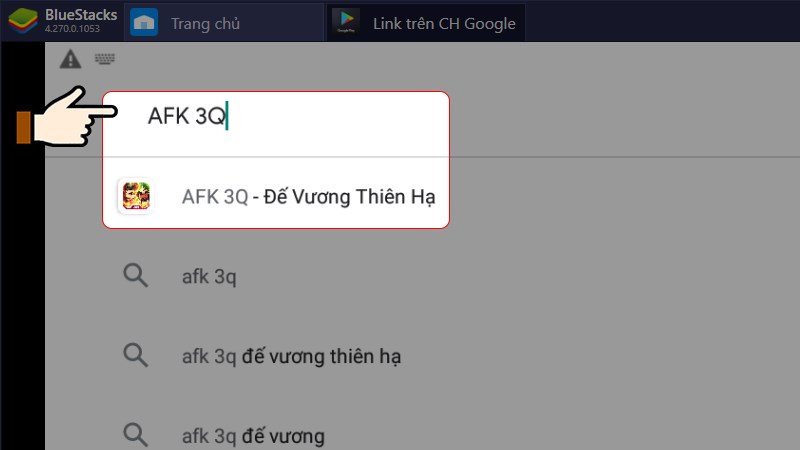 Nhập v&agrave;o &ocirc; search từ kho&aacute; AFK 3Q v&agrave; bấm Enter