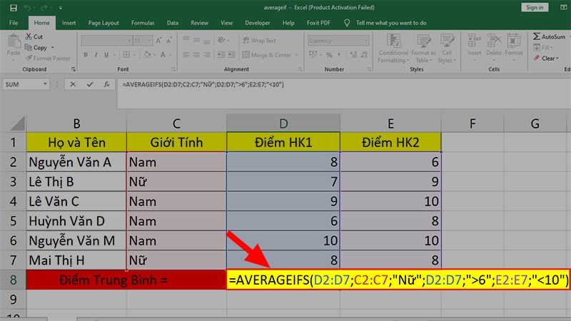 Nhập công thức =AVERAGEIFS(D2:D7;C2:C7;"Nữ";D2:D7;">6";E2:E7;"<10") ở ô tính trung bình