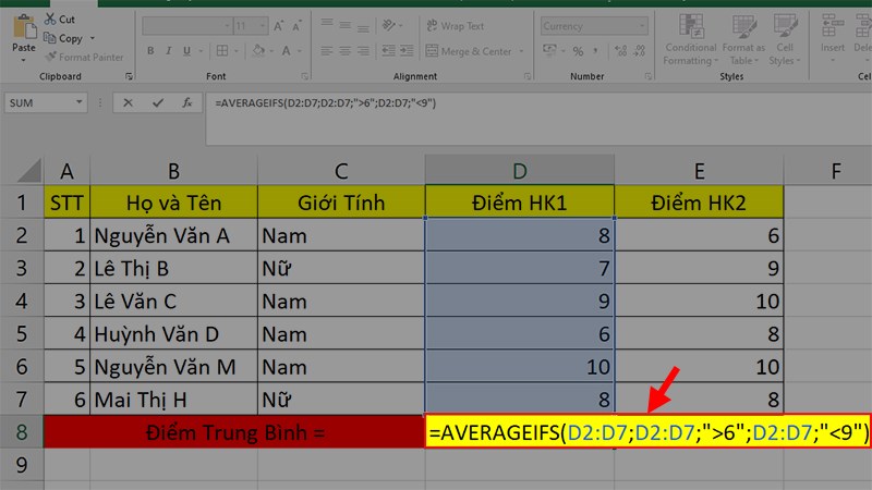 Nhập công thức =AVERAGEIFS(D2:D7;D2:D7;">6";D2:D7;"<9") ở ô tính trung bình