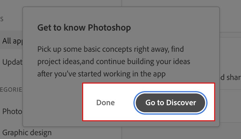 Chọn Khám Phá (Go to Discovery) nếu bạn muốn tìm hiểu cách sử dụng Photoshop