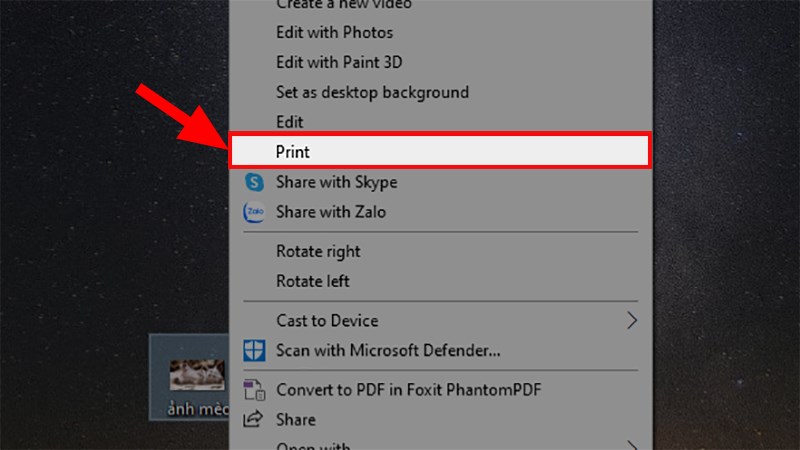 Nhấn chuột phải vào file Photoshop vừa xuất sang file ảnh > Chọn Print