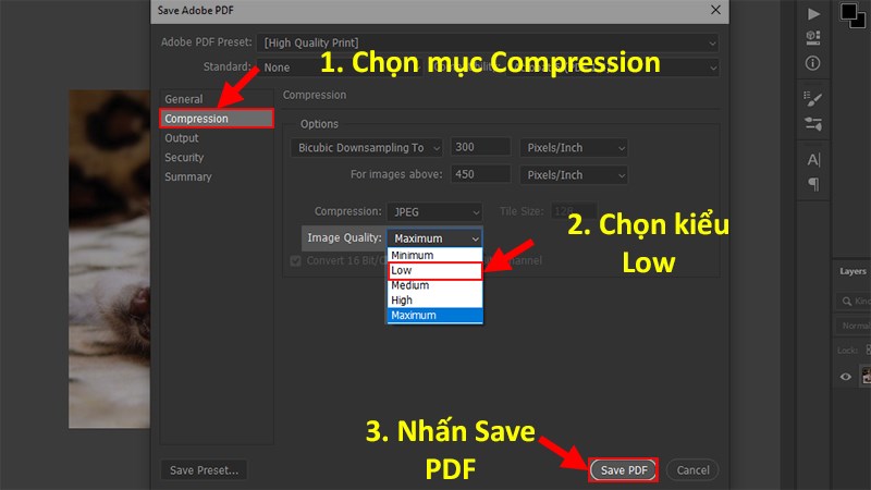 Ở giao diện Compression bạn nhìn sang bên cạnh phần Image Quality > Chọn Low > Nhấn Save PDF để xuất file kiểu PDF