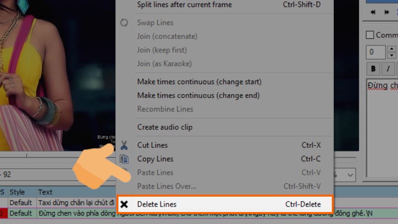 Nhấp chuột phải chọn Delete lines