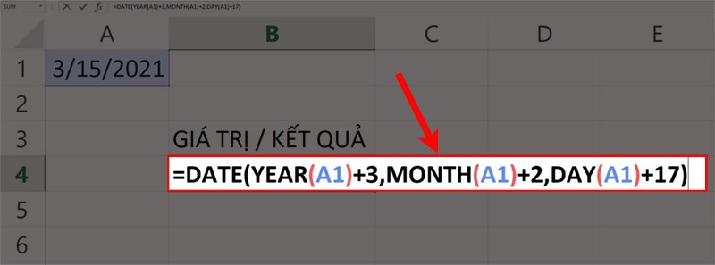 Nhập hàm =DATE(YEAR(A1)+3,MONTH(A1)+2,DAY(A1)+17) vào ô bảng tính.