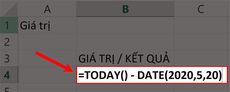 Nhập hàm = TODAY() - DATE(2020,5,20) vào ô cần xuất kết quả.