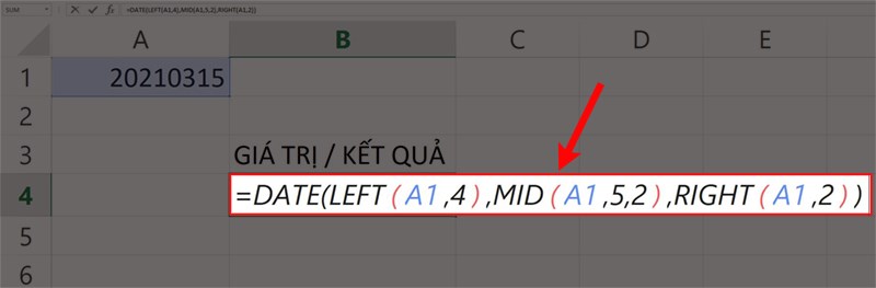 Nhập hàm =DATE(LEFT(A1,4),MID(A1,5,2),RIGHT(A1,2)) vào ô bảng tính.