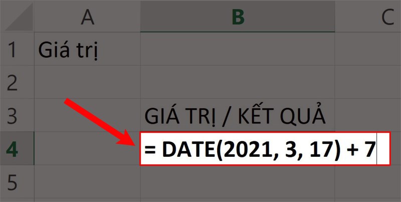 Nhập hàm = DATE(2021, 3, 17) + 7 vào ô bảng tính trong Excel.