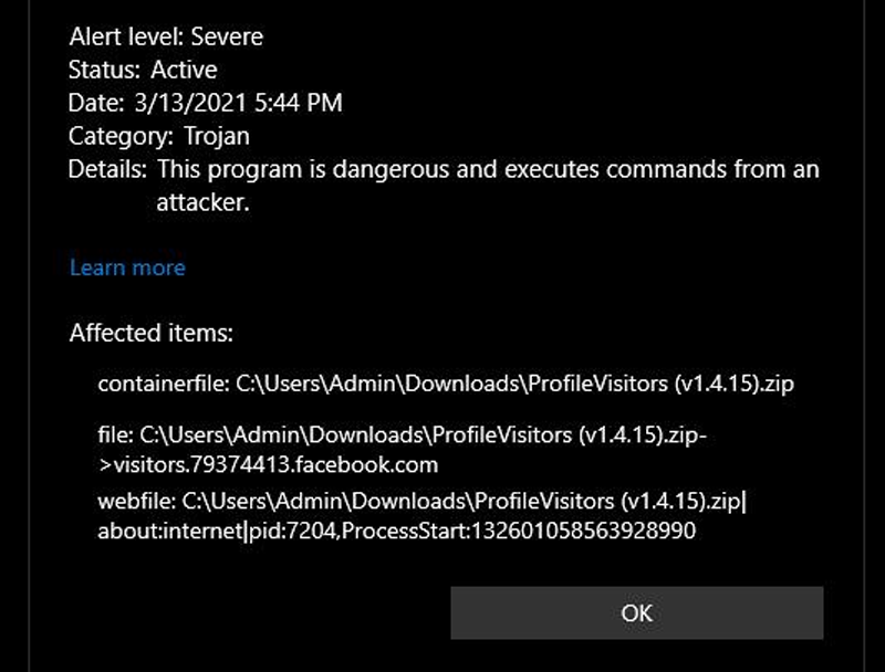 Windows Defender đã nhận diện được mã độc ProfileVisitor