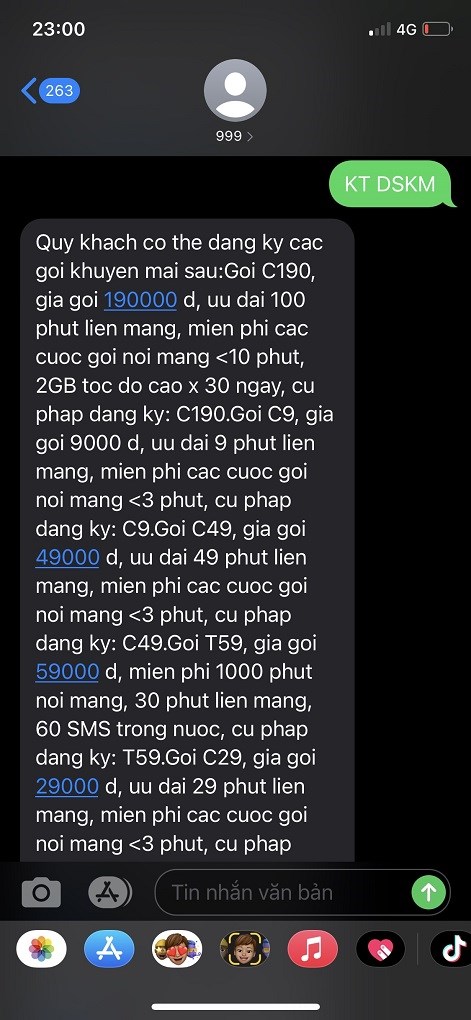 soạn KT DSKM gửi 999 để xem danh sách các gói khuyến mãi