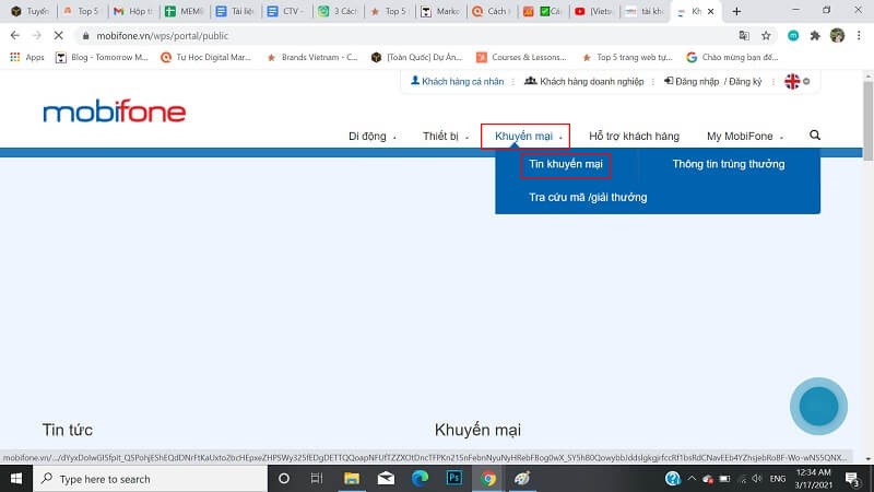 Chọn mục "Khuyến mãi" trên giao diện chính