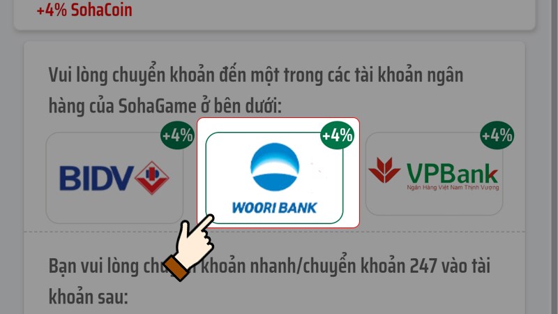 Lựa chọn chuyển tiền vào 1 trong 3 ngân hàng Lựa chọn chuyển tiền vào 1 trong 3 ngân hàng