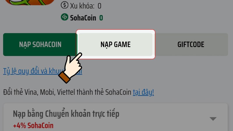 Nhấn chọn Nạp Game Nhấn chọn Nạp Game
