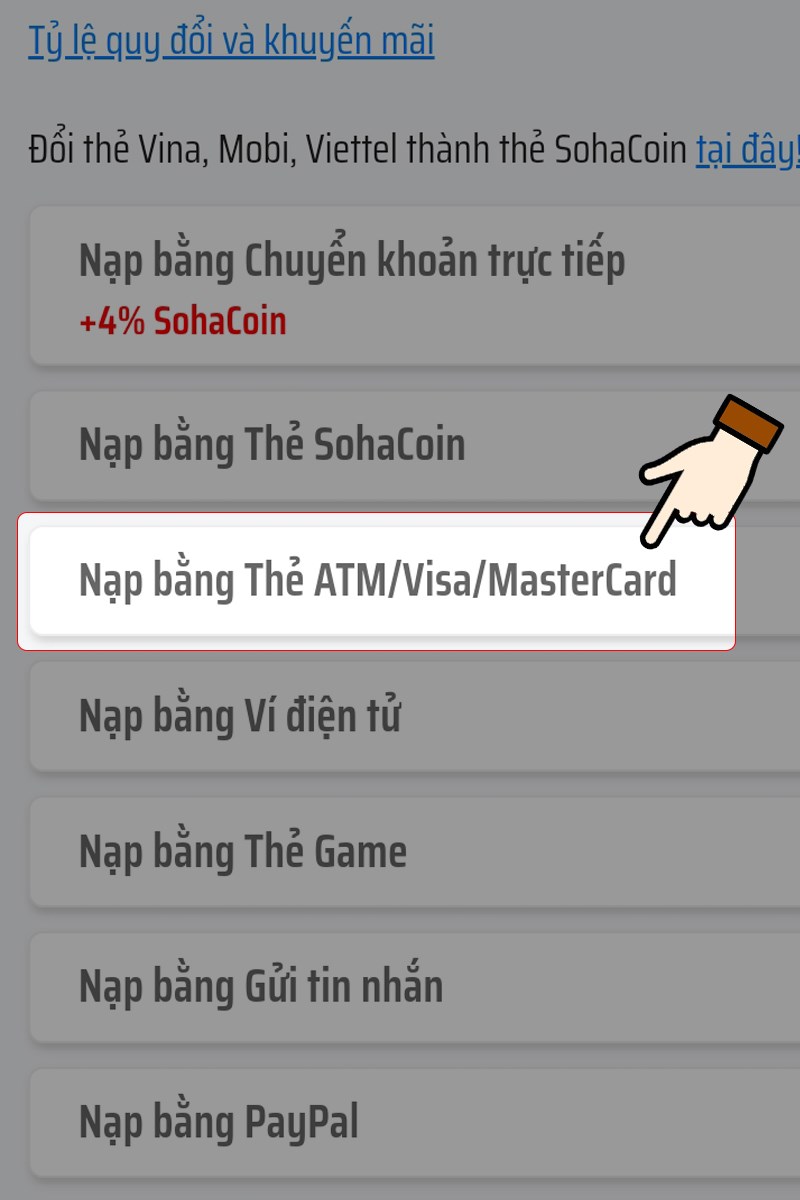 Chọn Nạp bằng Thẻ ATM/ Visa/ MasterCard Chọn Nạp bằng Thẻ ATM/ Visa/ MasterCard