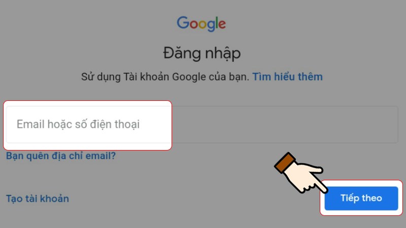 Nhập địa chỉ email tài khoản > Chọn Tiếp theo