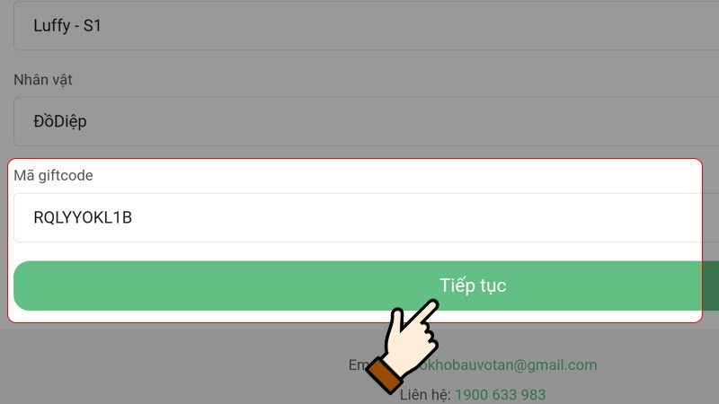 Nhập code c&oacute; sẵn > Nhấn chọn Tiếp tục