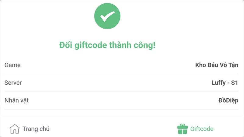 Th&ocirc;ng b&aacute;o bạn đ&atilde; nhập code th&agrave;nh c&ocirc;ng