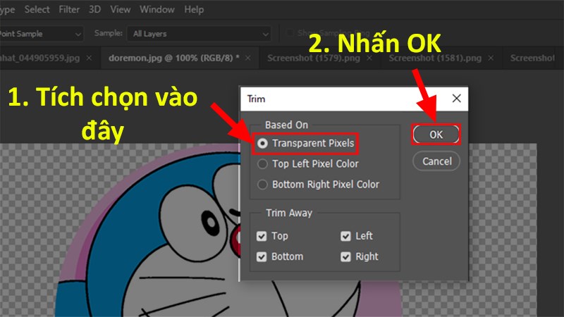 Hộp thoại Trim hiện l&ecirc;n > Ở phần Based On > Chọn Transparent Pixels > Nhấn OK