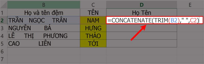 Nhập hàm =CONCATENATE(TRIM(B2)," ",C2) vào ô cần xuất kết quả.