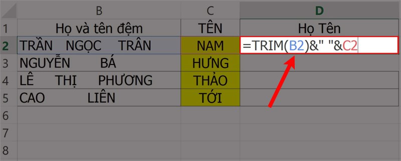 Nhập hàm =TRIM(B2)&" "&C2 vào ô bảng tính.