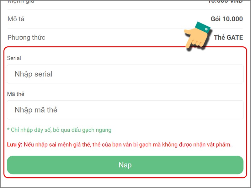 Nhập th&ocirc;ng tin thẻ Gate để thanh to&aacute;n