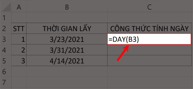 Nhập hàm = DAY (B3) vào ô trang tính.