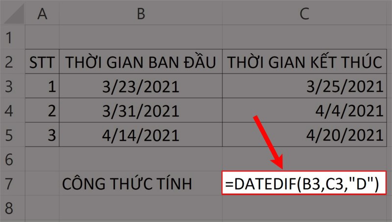 Nhập hàm =DATEDIF(B3,C3,"D") vào ô bảng tính.