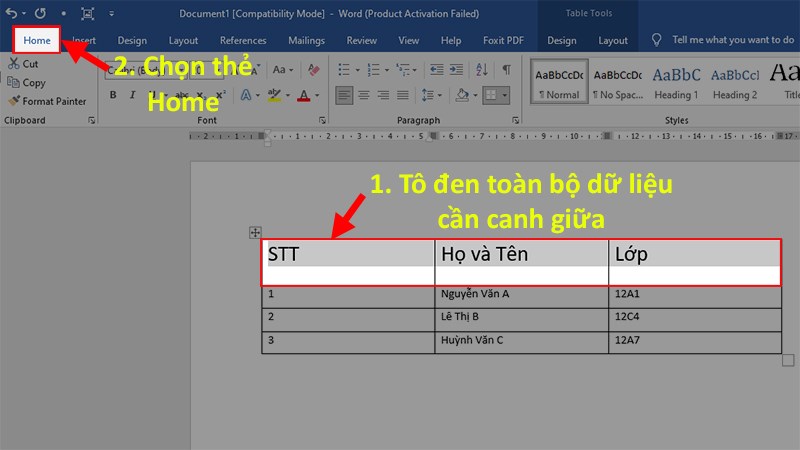 Tô chọn dữ liệu cần canh giữa ô > Chọn thẻ Home