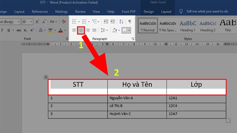Đi đến mục Paragraph > Chọn Align Center để canh giữa ô
