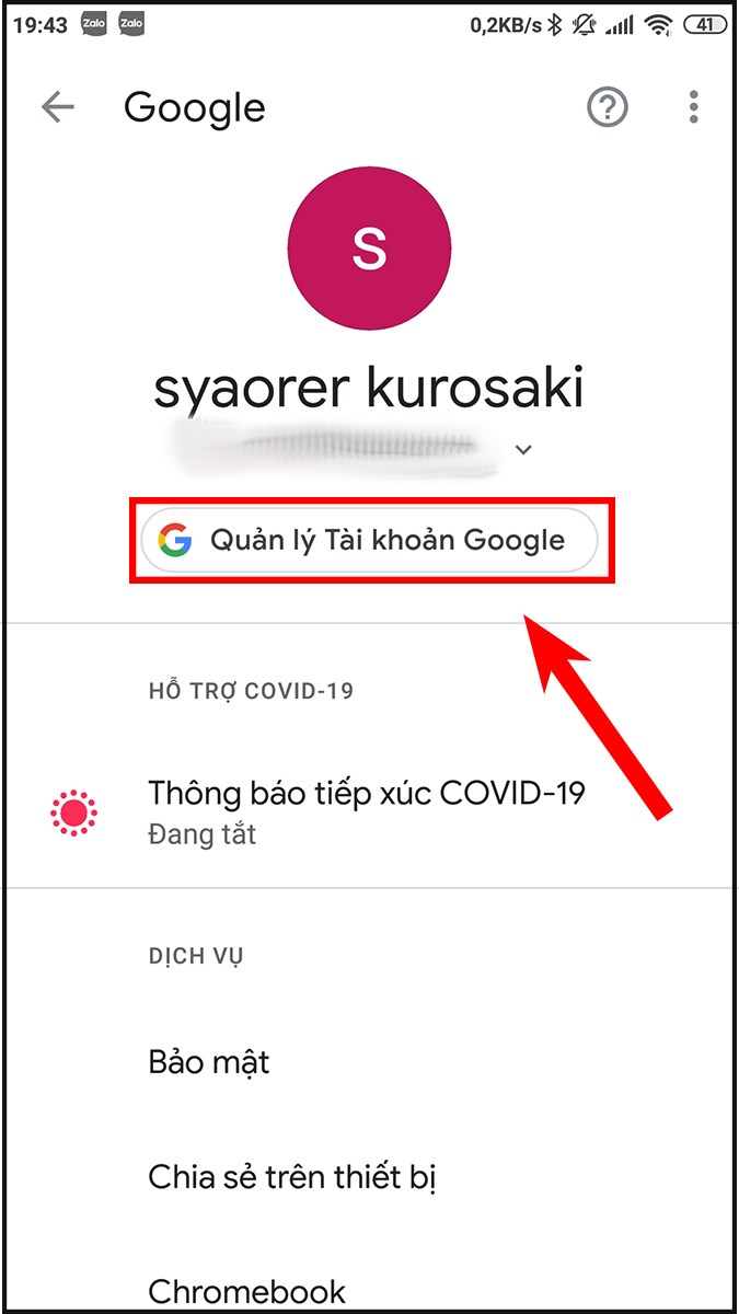 Chọn Quản lý tài khoản Google