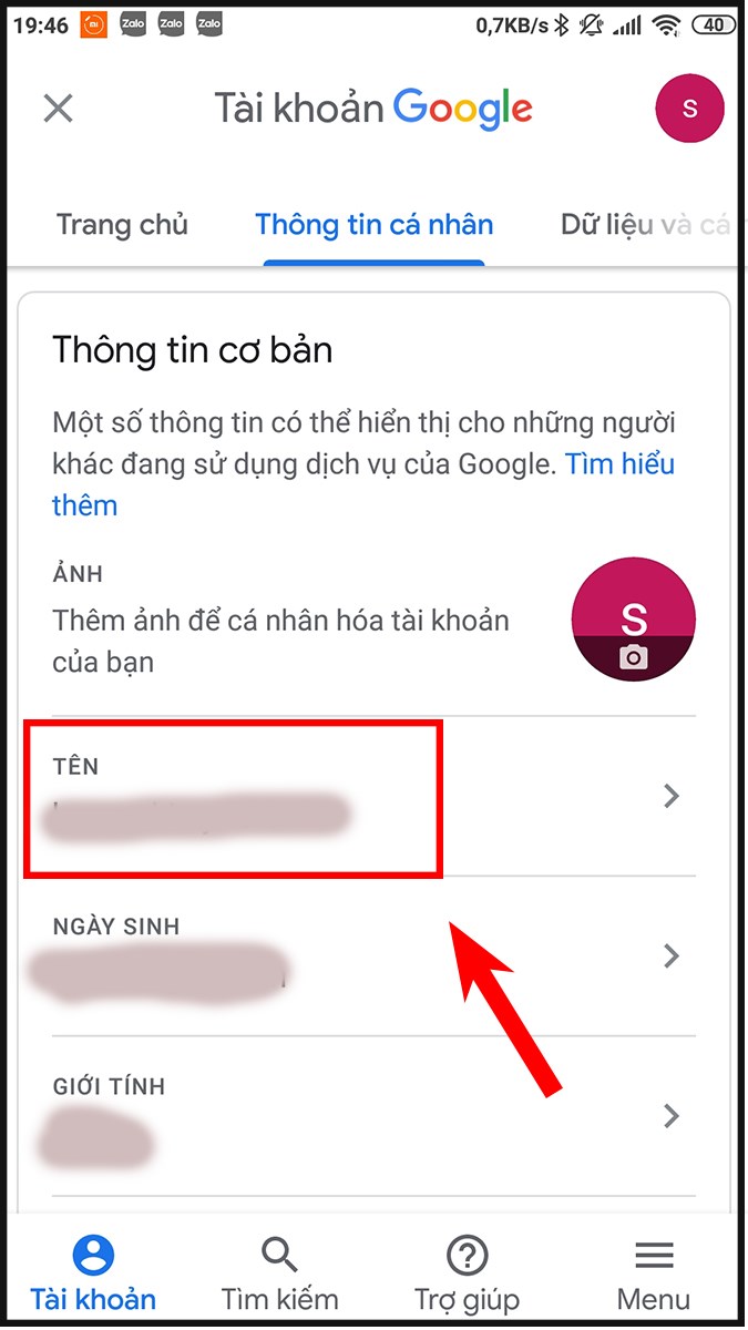 Chọn mục Tên và nhập tên mới