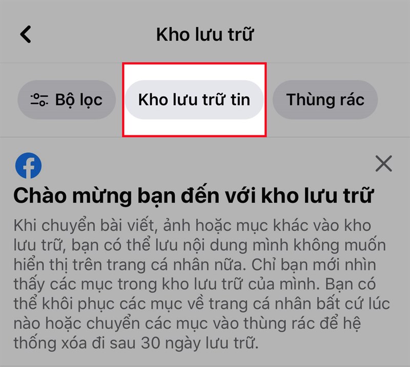 Nhấp vào Kho lưu trữ tin ở giữa phía trên màn hình