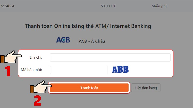 Nhập địa chỉ ng&acirc;n h&agrave;ng v&agrave; m&atilde; bảo mật > Chọn Thanh to&aacute;n