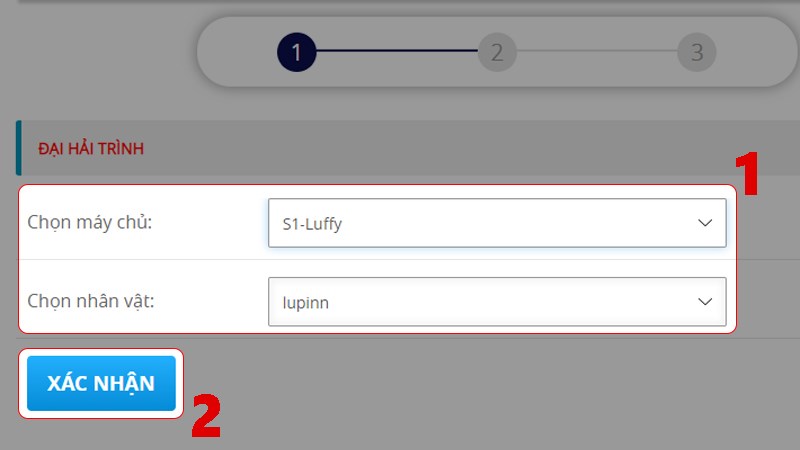 Chọn server, nh&acirc;n vật > Nhấn chọn X&aacute;c nhận