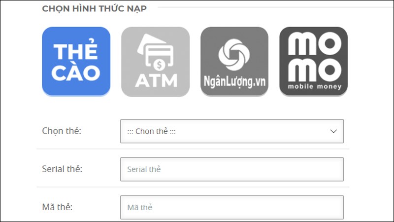 Lựa chọn hình thức thanh toán và thực hiện theo yêu cầu để hoàn tất quá trình nạp thẻ