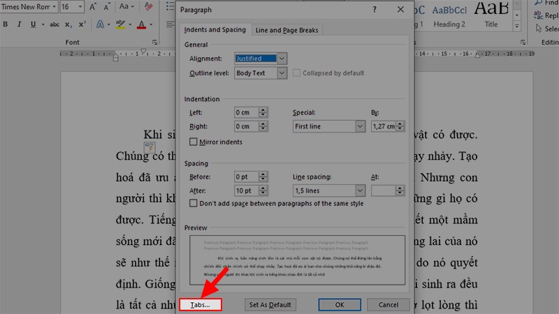 Hộp thoại Paragraph xuất hiện > Nhấn vào mục Tabs..