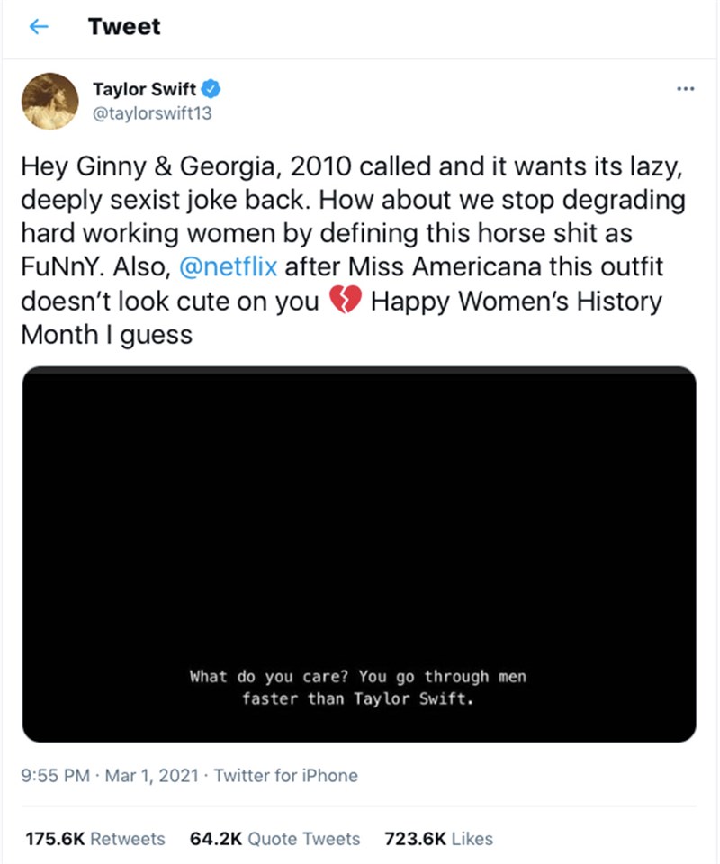 Twitter của Taylor Swift phản bác về trò đùa thiếu ý tứ của Netflix