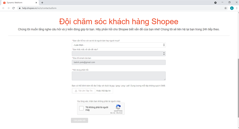 Mẫu gửi phản hồi cho nhân viên chăm sóc khách hàng Shopee