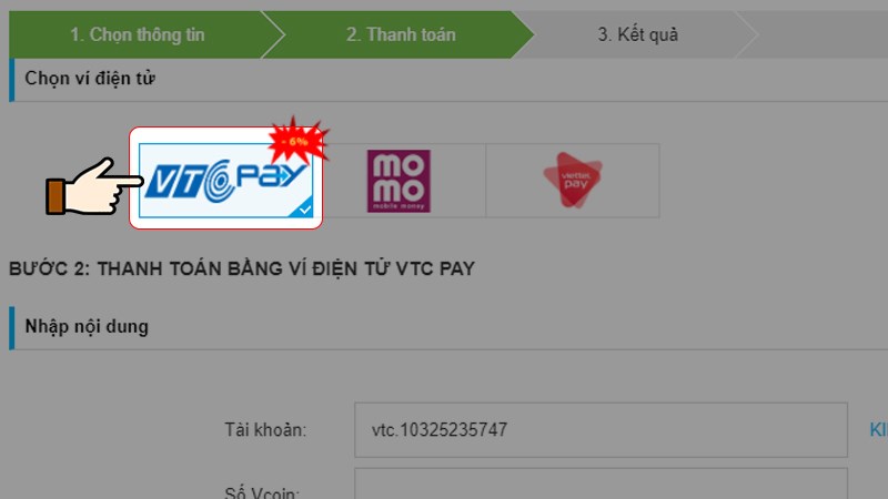 Nhấn chọn Ví điện tử VTC Pay