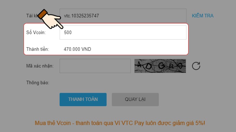 Nhập số Vcoin muốn nạp