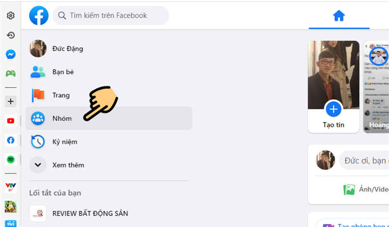 Chọn mục Nh&oacute;m ở thanh menu b&ecirc;n tr&aacute;i