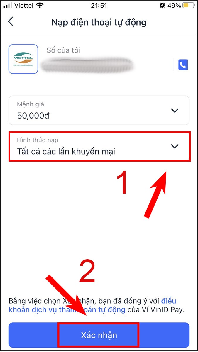Chọn hình thức nạp tự động và xác nhận