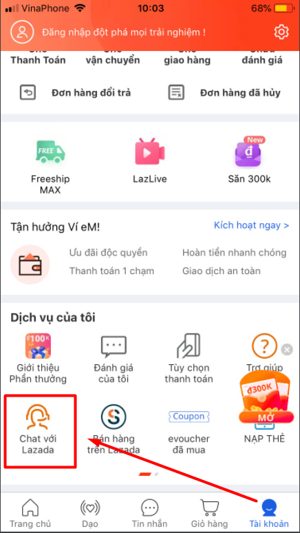 nhắn tin với Lazada trên ứng dụng Lazada