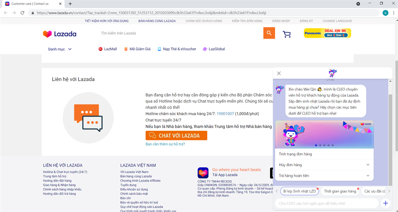 Chat trực tuyến với nhân viên chăm sóc khách hàng lazada