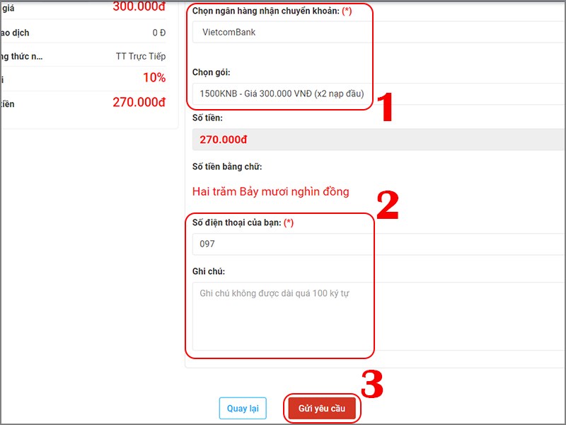 Chọn ng&acirc;n h&agrave;ng nhận chuyển khoản v&agrave; g&oacute;i nạp