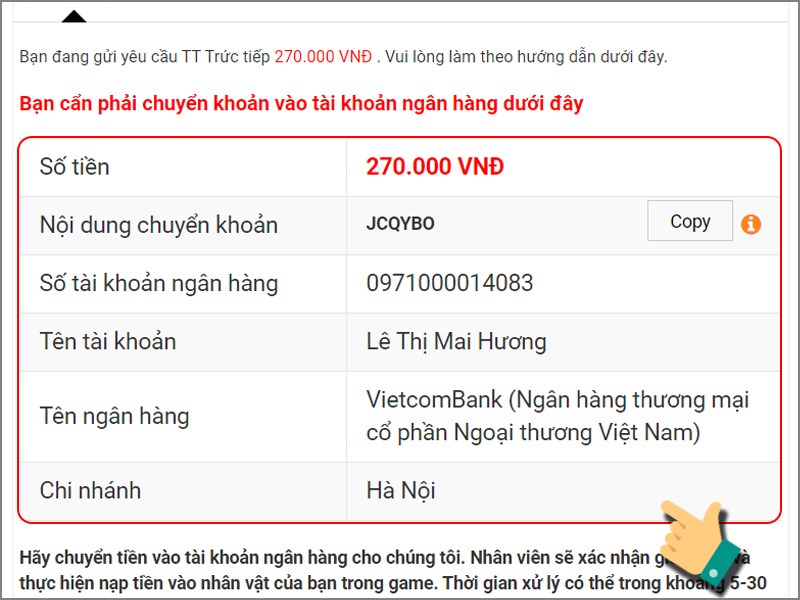 Chuyển khoản theo th&ocirc;ng tin n&agrave;y