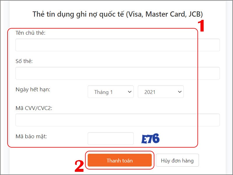 Nhập th&ocirc;ng tin thẻ t&iacute;n dụng để thanh to&aacute;n