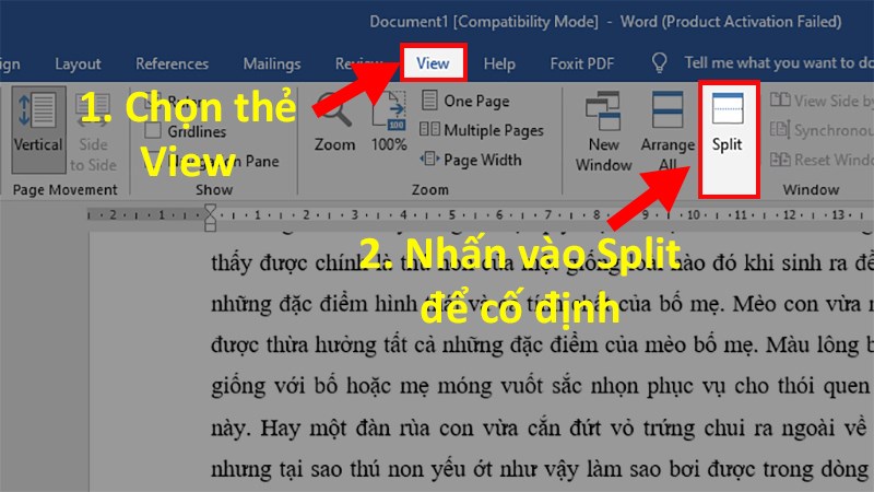 Chọn thẻ View > Chọn Split để cố định vị trí bạn đã chọn